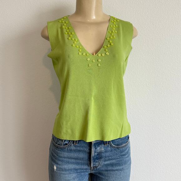 Finity Tops - Vintage FINITY Lime Green Button Detail V-Neck Sleeveless Knit Top  L Stretch